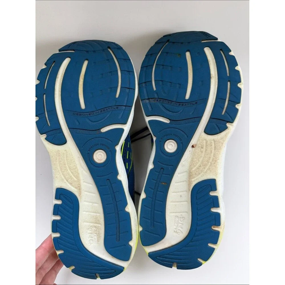 Brooks Blue Glycerin Running Shoes Bright Yellow Soles Men’s 10.5